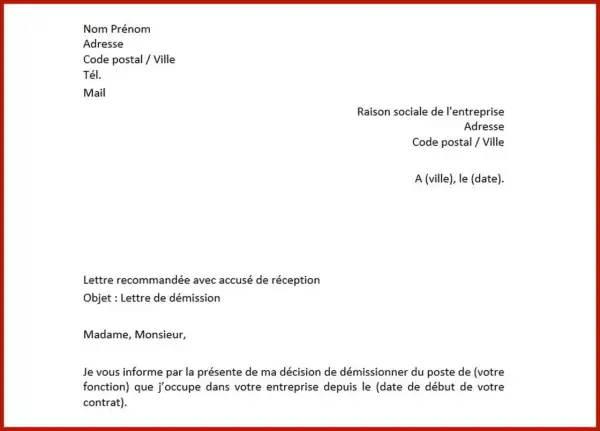 Exemple de lettre de démission. Ce document officiel, envoyé en recommandé, annonce la décision de quitter son poste.