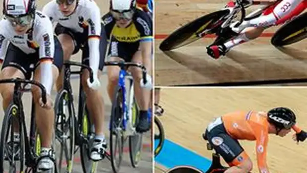 Kolarze w akcji podczas wyścigu keirin. Dynamiczne ujęcia pokazują zawodników na torze, skupionych na rywalizacji.