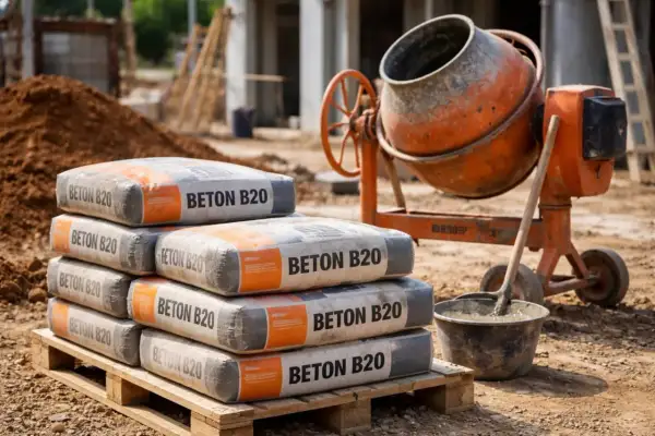 Stos worków z napisem "BETON B20" na palecie, obok betoniarki i wiadra z zaprawą. To widok placu budowy, gdzie cena betonu jest kluczowa.