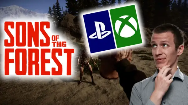 Sons of the Forest" Logo mit PlayStation- und Xbox-Symbolen. Ein Mann denkt nach, während im Hintergrund ein mutierter Gegner lauert. Kommt das Spiel für die PS5?