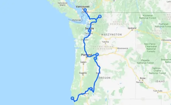 Trasa podróży przez stany USA: Waszyngton i Oregon, od Vancouver po wybrzeże.