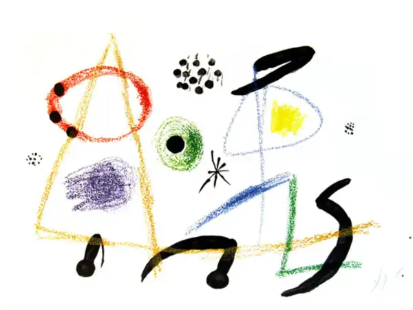 A whimsical Miro artist creation with abstract shapes: red circle, yellow square, blue and green lines, and black forms.