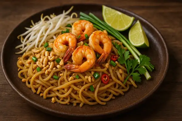 Pyszne Pad Thai z krewetkami, posypane orzeszkami ziemnymi i chilli. Idealny sos do pad thai podkreśla smak tego dania.