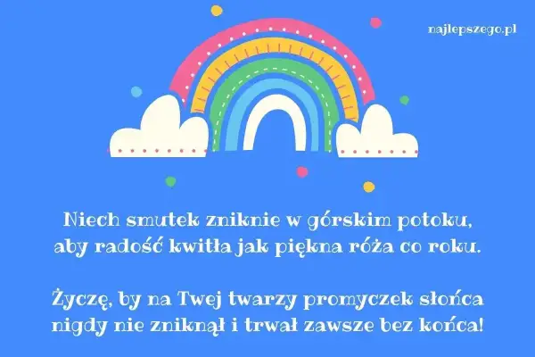 Kolorowa tęcza nad chmurkami, z tekstem pełnym ciepłych życzeń dla mamy.