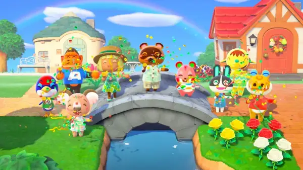 Urocza scena z gry Animal Crossing na PC. Zwierzątka świętują na moście, sypiąc konfetti.