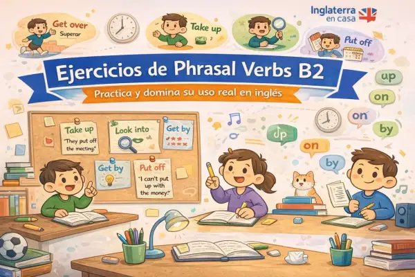 Niños aprendiendo phrasal verbs en inglés. Ejercicios de "take up", "look into", "get by", "put off" y más.