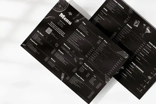 Menu z czarnym tłem, prezentujące ofertę a la carte. Widoczne sekcje: Zupy, Dania Główne, Pizza, Makaron, Burgery, Desery, Napoje Gorące i Zimne, Piwo, Drink, Wina.