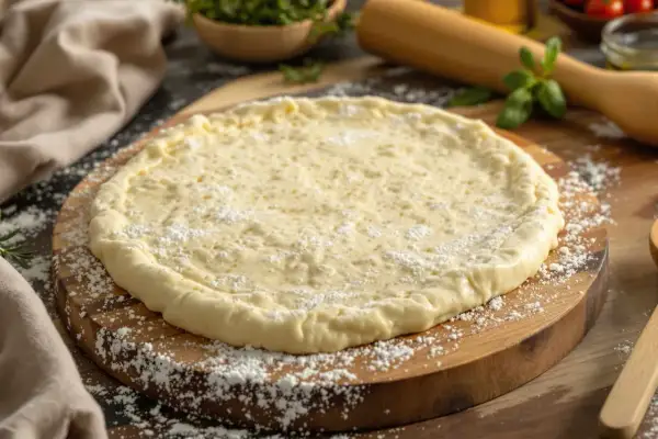 Pâte à pizza levure fraîche prête à être garnie, saupoudrée de farine sur une planche en bois.