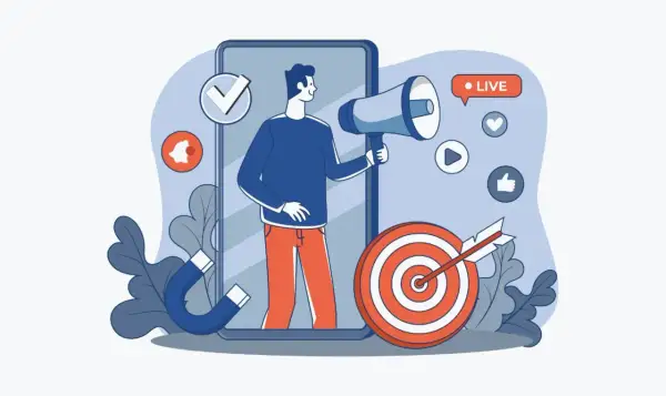 Un uomo con megafono su smartphone, magnete, bersaglio e icone social. Illustra l'employer branding cos'è: attrarre talenti con una strategia mirata.