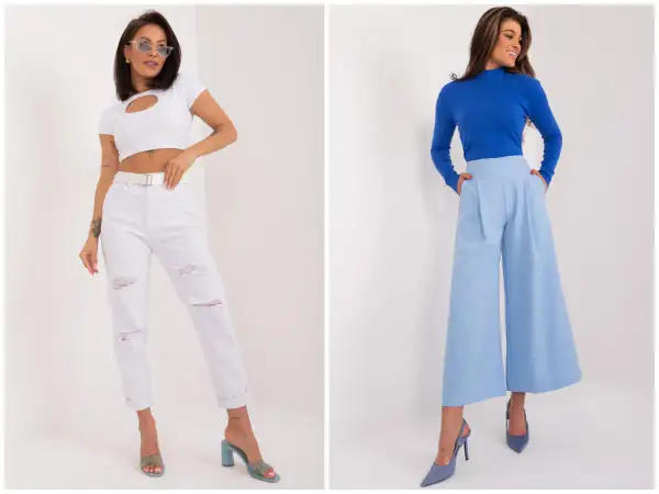 Dwie kobiety prezentują luźny, elegancki styl damski. Jedna w białym crop topie i podartych jeansach, druga w niebieskim golfie i szerokich, błękitnych spodniach.
