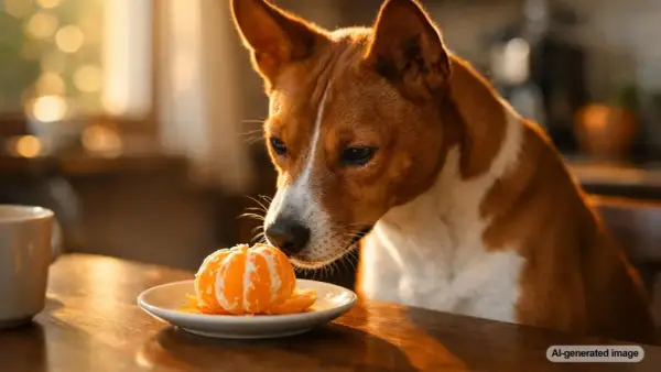 A curious dog sniffs a peeled orange on a plate, wondering if dogs eat oranges.