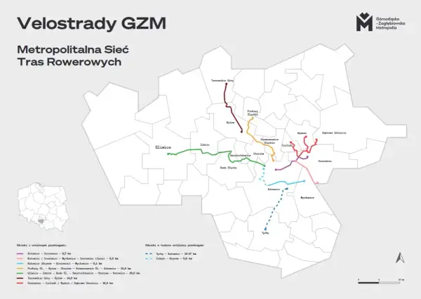 Mapa metropolitalnej sieci tras rowerowych GZM. Kolorowe linie pokazują przebieg tras, w tym te w okolicach Tychów, łączących miasta regionu.