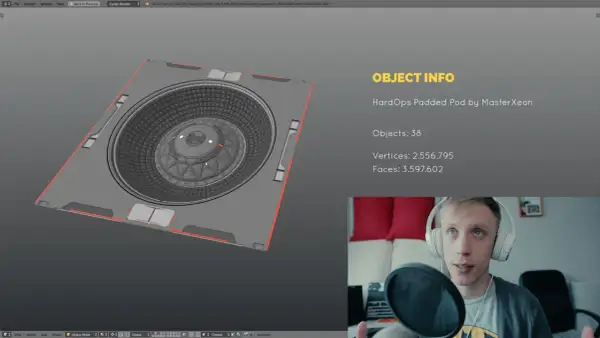 A 3D model of a complex circular object is shown, with stats like vertices and faces displayed. This is part of a tutorial on how to make 3D graphics.