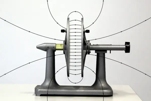Ein Plattenkondensator mit sichtbaren Feldlinien. Die Formel für die Kapazität eines Plattenkondensators erklärt dieses physikalische Phänomen.
