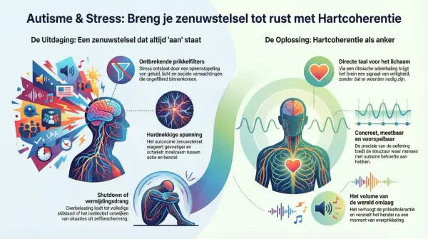 Illustratie toont de uitdagingen van overprikkeling bij autisme bij vrouwen, met een focus op stress en het zenuwstelsel. De oplossing is hartcoherentie.