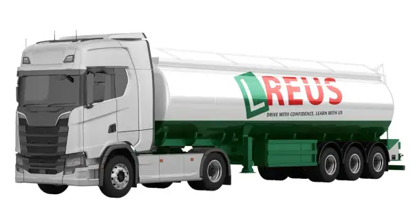 Un moderno vehículo articulado blanco y verde, con el logo "REUS" en rojo y verde, listo para transportar.