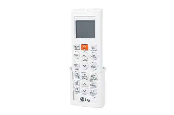 Biały pilot do klimatyzatora LG Dual Inverter. Instrukcja obsługi pilota zawiera przyciski do sterowania temperaturą, trybami pracy i funkcjami.