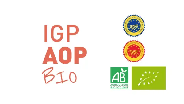 IGP, AOP, BIO : labels garantissant la qualité et l'origine de produits, comme une appellation vin de France. Logos AB et bio européens.