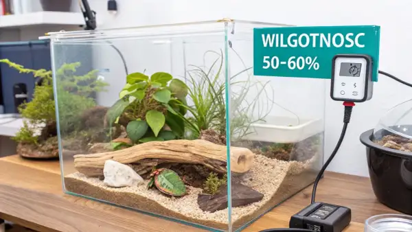 Szklane terrarium z roślinnością i drewnem, idealne do hodowli węża zbożowego. Termometr wskazuje wilgotność 50-60%.