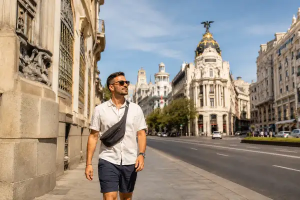 Hombre paseando por una calle de Madrid, disfrutando de su viaje sola. Edificios históricos y un cielo azul acompañan su aventura.