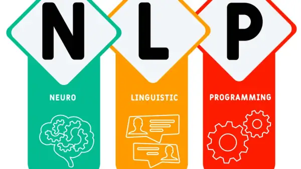 PNL que es: Neuro, Lingüística y Programación. Ilustración con iconos de cerebro, diálogos y engranajes.