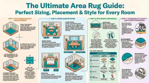 A bedroom rug should frame the bed, extending 18-24 inches on both sides and from the foot of the bed, creating a soft landing.