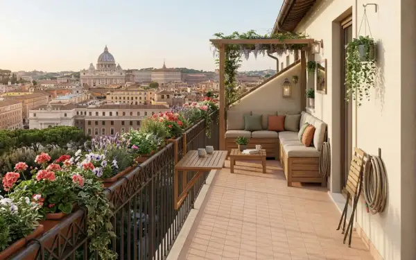Splendide soluzioni idee veranda balcone con vista su Roma. Arredi in legno, fiori colorati e pergolato creano un'oasi urbana.