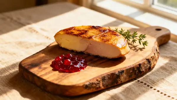 Tranche de foie gras froid, laquée et dorée, servie avec une compotée de fruits rouges et une branche de thym sur une planche en bois.