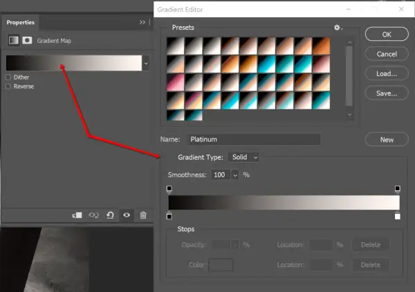 Interfaccia di Photoshop per creare una mappa sfumatura, con opzioni per definire colori e sfumature.