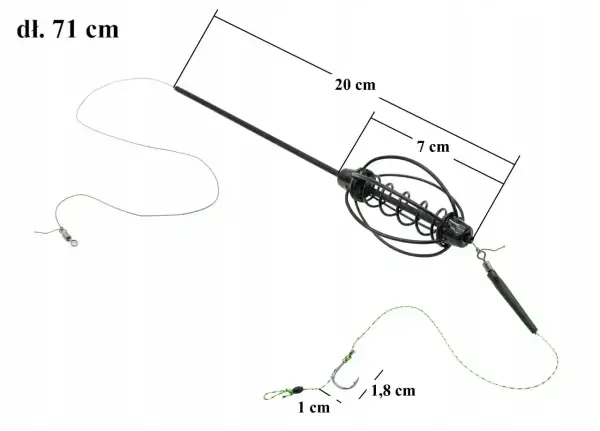 Akcesoria do metody gruntowej: koszyczek zanętowy (7 cm), obciążenie (20 cm), żyłka (71 cm), haczyk (1,8 cm) i krętlik (1 cm). Idealne, by zrobić wędkę na grunt.