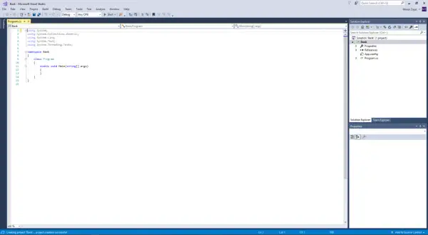 Widok kodu C# w Visual Studio. Widoczny jest plik Program.cs z podstawową strukturą klasy Program i metodą Main. W panelu Solution Explorer widać projekt "Bank".