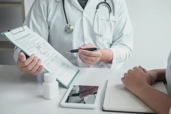 Lekarz w białym kitlu omawia z pacjentem dokumenty, prawdopodobnie dotyczące zwolnienia lekarskiego w Norwegii. Na stole leżą tablet i notatnik.