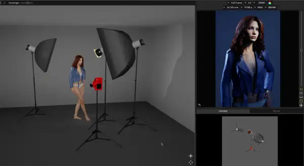 A woman poses in a studio with soft key lighting. A red camera is positioned nearby. The final image shows her in a blue jacket.