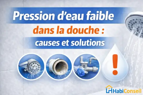 Pression d'eau faible dans la douche : causes et solutions. Images de pommeau entartré, tuyau abîmé et vanne qui fuit, illustrant un problème de pression d'eau.