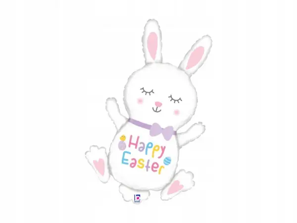 Biały balon króliczek z fioletową kokardką i napisem "Happy Easter".