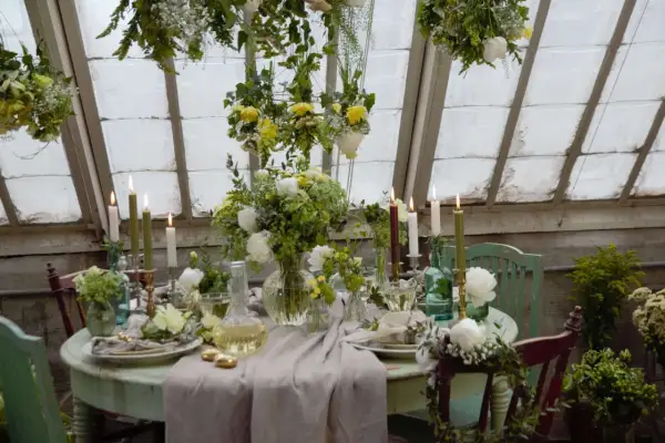 Vacker blomsterdekoration på bordet med ljus och grönska. En inbjudande dukning i ett växthus.