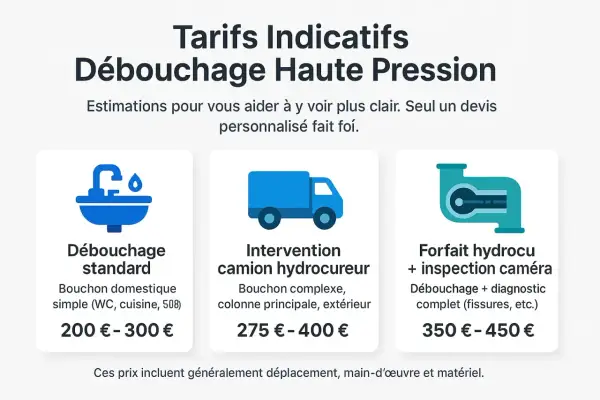 Tarifs indicatifs pour le débouchage de canalisations bouchées : standard (200-300€), camion hydrocureur (275-400€), hydrocurage + caméra (350-450€).