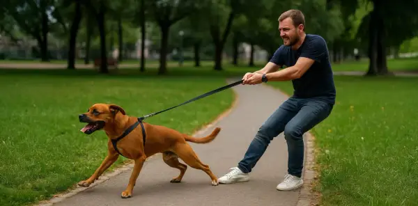 Un hombre lucha por controlar a su perro marrón que tira de la correa en un parque. El perro parece emocionado, mientras el hombre se esfuerza.