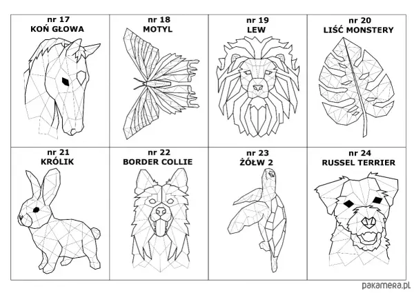 Konie, motyle, lwy, liście monstery, króliki, psy i żółwie – geometryczne string art szablony do tworzenia.