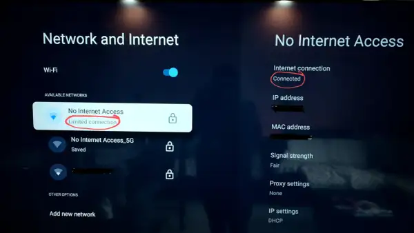 Ekran telewizora pokazuje "No Internet Access" z zaznaczonym "Limited connection". Po prawej stronie "Connected" jest również zaznaczone, co sugeruje problem z połączeniem wifi.