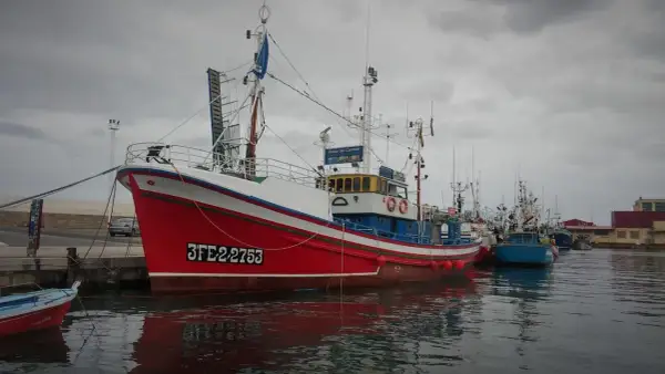 El barco museo de Burela, el "Reina del Carmen", luce su rojo y blanco vibrantes junto a otros pesqueros en un día nublado.
