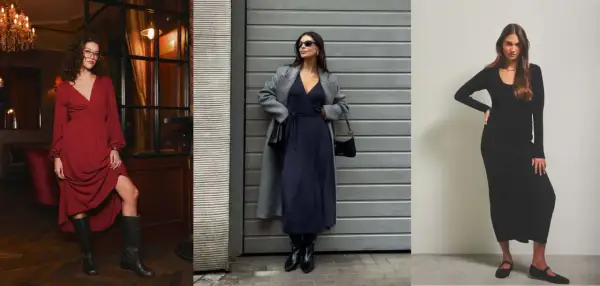 Elegancka sukienka na duży brzuch, kopertowa granatowa i czarna dzianinowa.