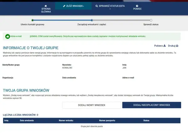 Strona pozwala na złożenie wniosku online. Widzimy dane grupy, opcje dodawania wniosków i ich status.