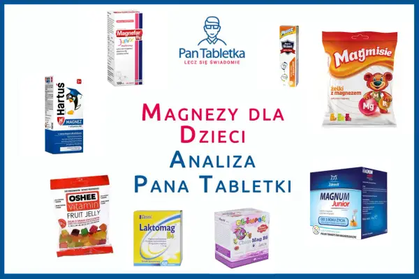Kolaż opakowań suplementów magnezu dla dzieci: Magnefar Junior, Hartuś Magnez, Magmisie, OSHEE Fruit Jelly, Laktomag B6, Chela-Mag B6 Junior, Magnum Junior.