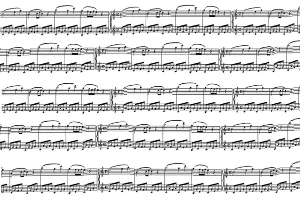 Un complesso spartito musicale per pianoforte, con note e pentagrammi che si susseguono in un flusso continuo di melodia.