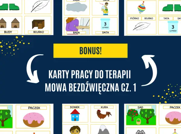 Karty pracy do terapii mowa bezdźwięczna: budy, biurko, piórko, tata, pączek, domek, kura, sad.