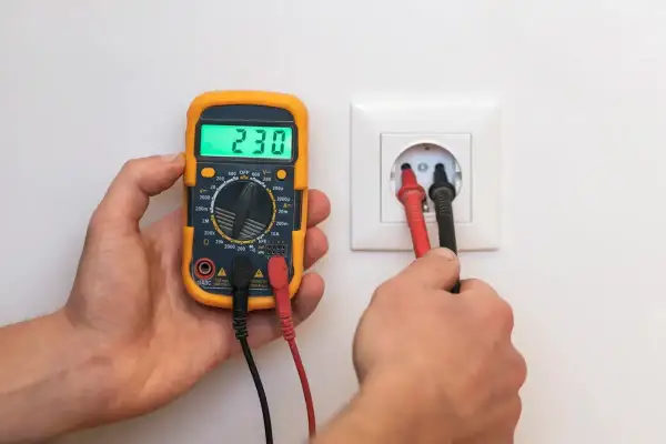 Un multimètre affiche 230V, tandis que ses sondes sont insérées dans une prise. La vérification de la prise terre est obligatoire pour la sécurité.