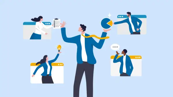 Ilustración sobre outsourcing: qué es y ejemplos. Un equipo colabora en línea, compartiendo ideas, tareas y gráficos.