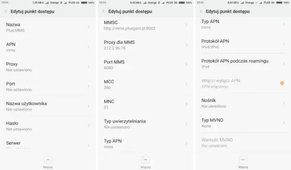 Ustawienia sieci komórkowej: nazwa "Plus MMS", APN "mms", protokół APN IPv4/IPv6, APN włączono.