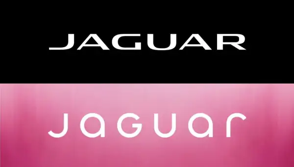 Dwa nowe loga samochodów Jaguar. Klasyczne białe litery na czarnym tle i nowoczesne, zaokrąglone na różowym tle.